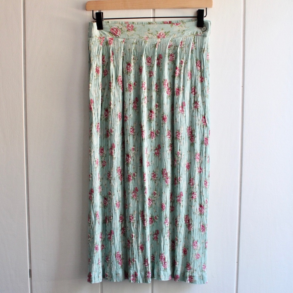 1990s Vintage Floral Print Gauze Crinkle Maxi Skirt Blue, Green + Pink